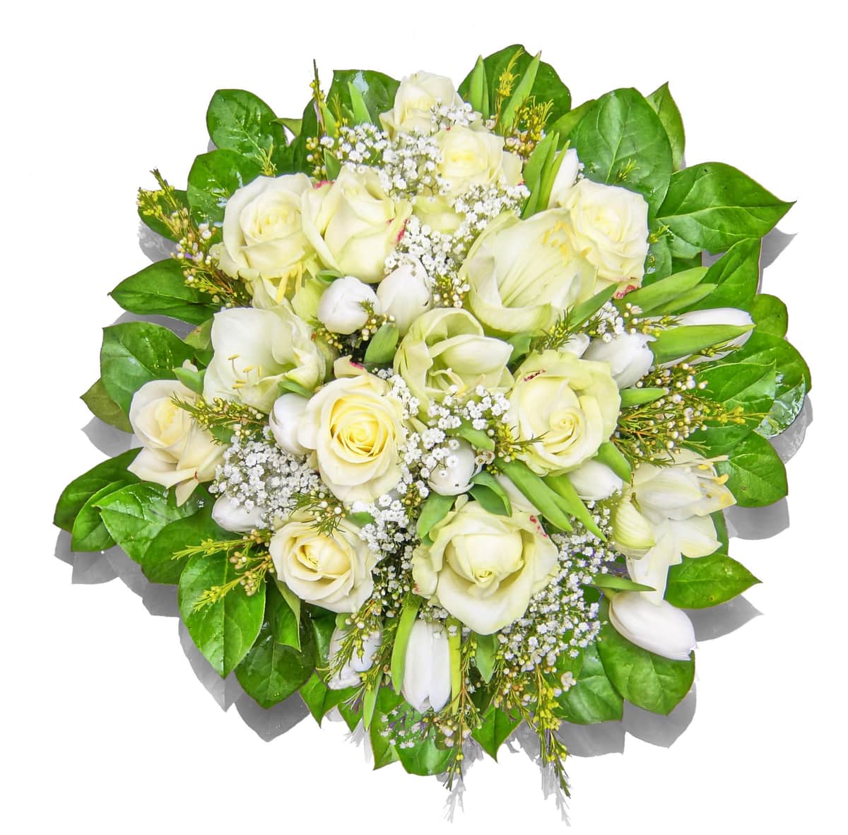 Blumenstrauß Katy – Weiße Rosen mit Schleierkraut – frisch vom Münchner Floristen
